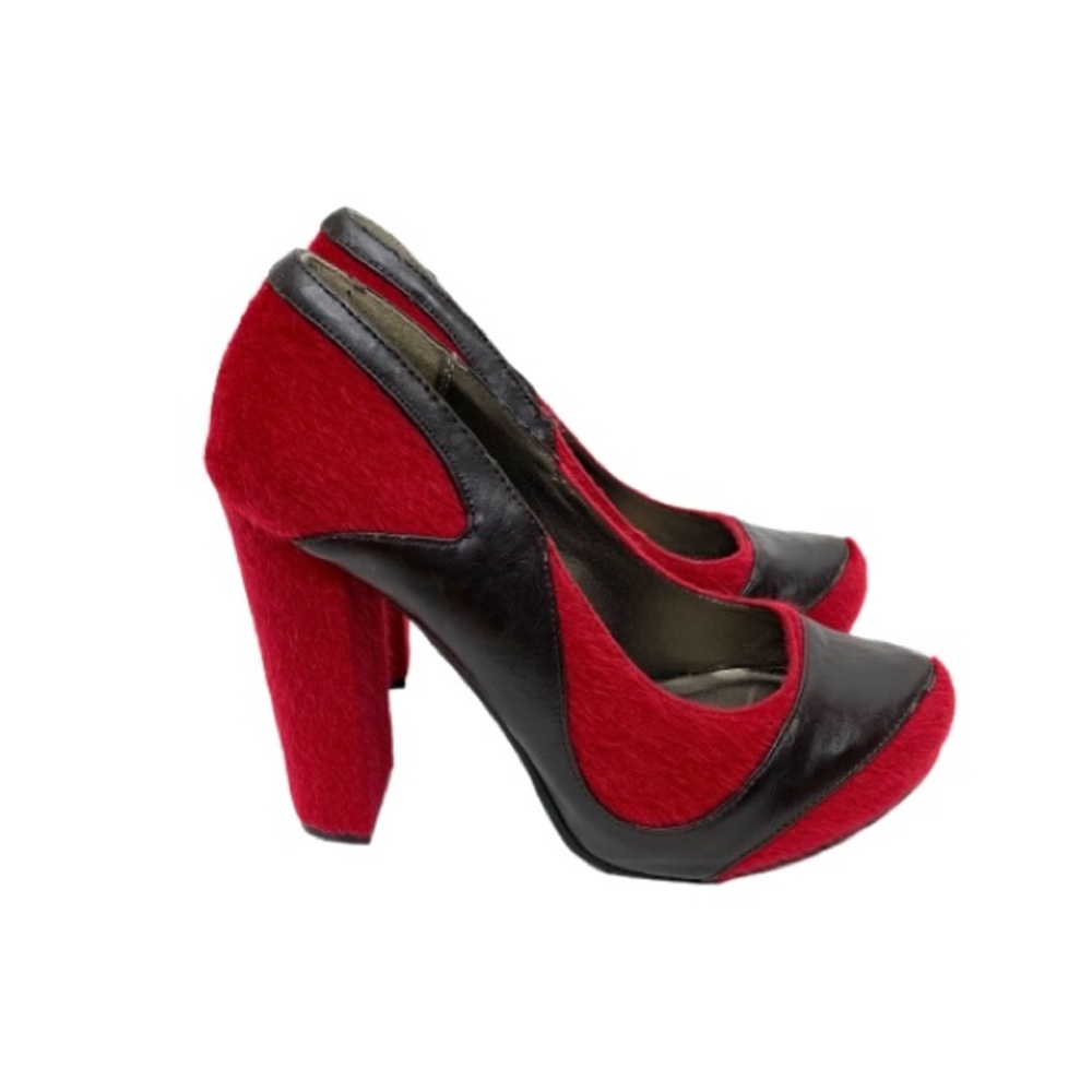 Rare Michael Antonio Red Brown Faux Mohair & Leather Statement Chucky High Heels